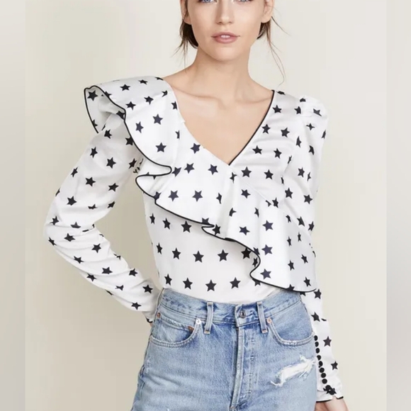 Self Portrait Star Printed Long Sleeve Frilled Ruffle V-neck Blouse Size 6 - Picture 1 of 11